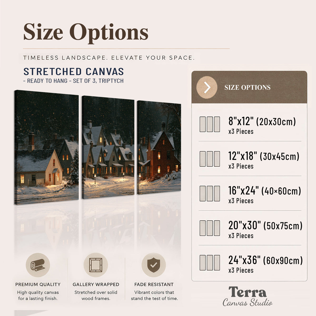 Snow-covered village cottages with glowing windows beneath a dark evergreen forest 3 piece canvas wall art available dimensions; triptych dimensions are per panel