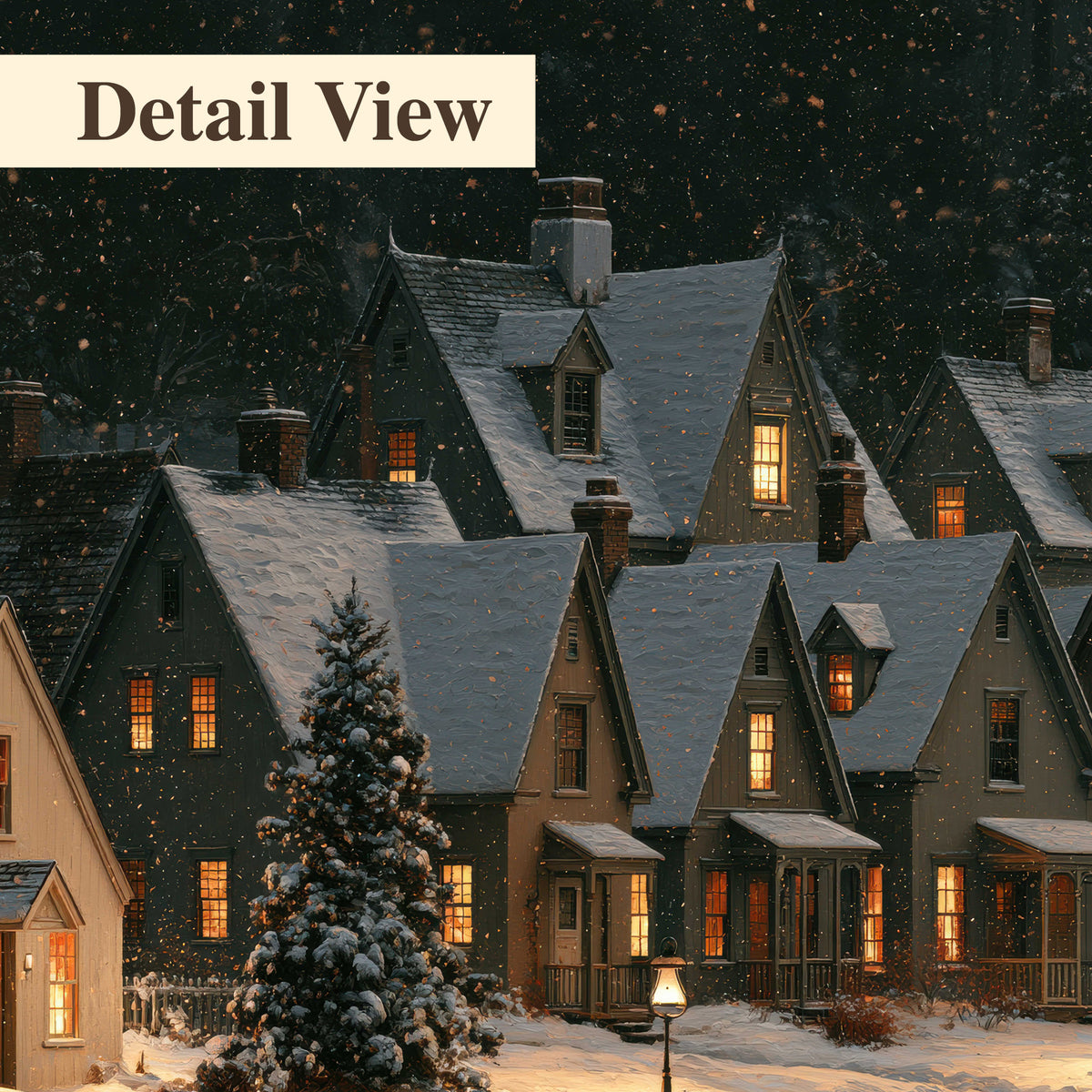 Snow-covered village cottages with glowing windows beneath a dark evergreen forest 3 piece canvas wall art artwork detail close up