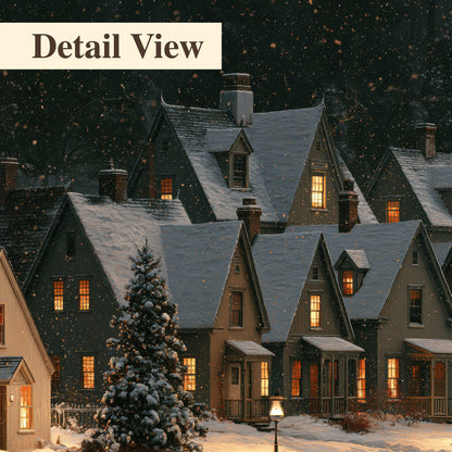 Snow-covered village cottages with glowing windows beneath a dark evergreen forest 3 piece canvas wall art artwork detail close up