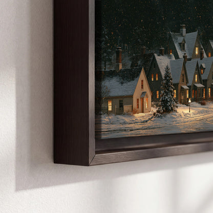 Snow-covered village cottages with glowing windows beneath a dark evergreen forest 3 piece framed canvas wall art material and edge close up