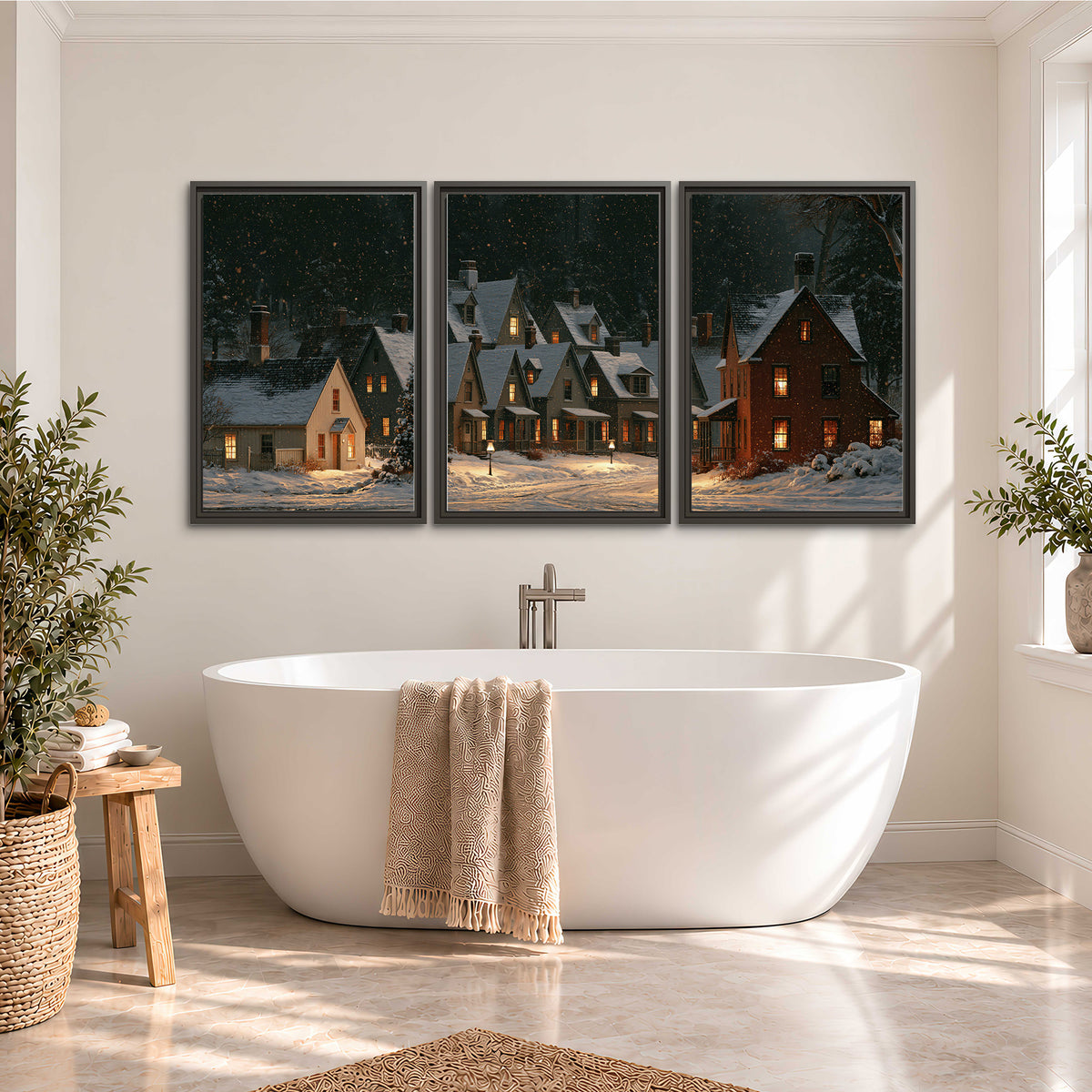 Snow-covered village cottages with glowing windows beneath a dark evergreen forest 3 piece framed canvas wall art styled in an interior
