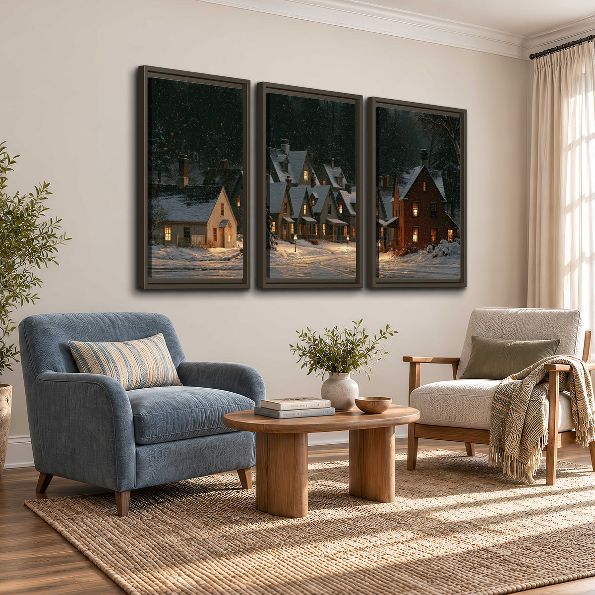 Snow-covered village cottages with glowing windows beneath a dark evergreen forest 3 piece framed canvas wall art styled in an interior