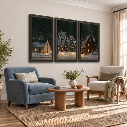 Snow-covered village cottages with glowing windows beneath a dark evergreen forest 3 piece framed canvas wall art styled in an interior