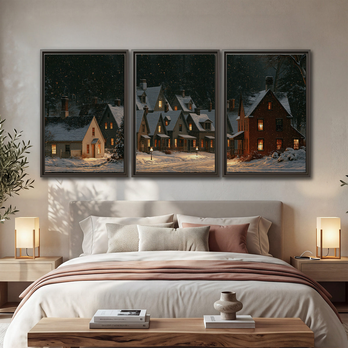 Snow-covered village cottages with glowing windows beneath a dark evergreen forest 3 piece framed canvas wall art displayed in a bedroom