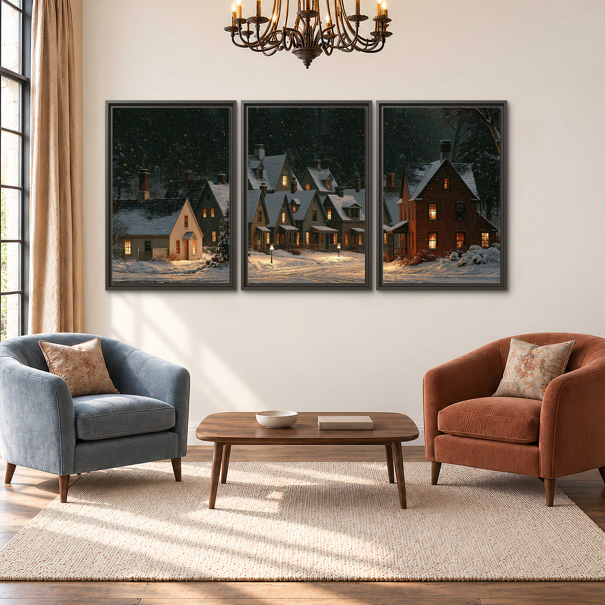 Snow-covered village cottages with glowing windows beneath a dark evergreen forest 3 piece framed canvas wall art styled in an interior