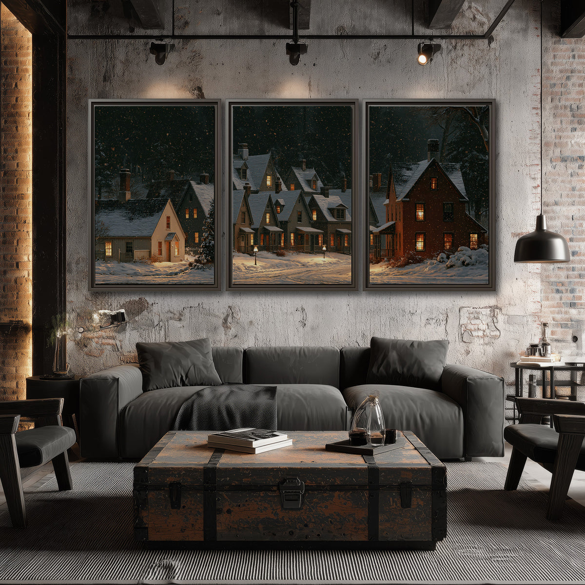 Snow-covered village cottages with glowing windows beneath a dark evergreen forest 3 piece framed canvas wall art displayed in a industrial room