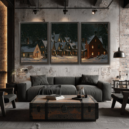 Snow-covered village cottages with glowing windows beneath a dark evergreen forest 3 piece framed canvas wall art displayed in a industrial room