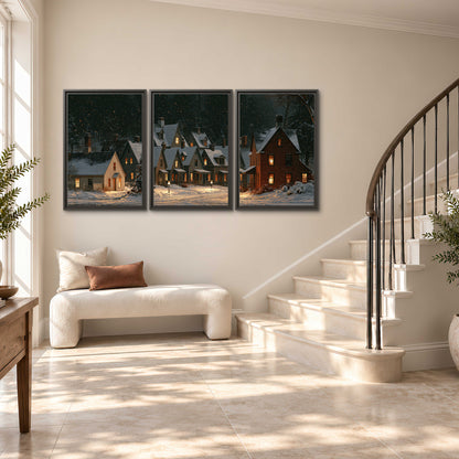 Snow-covered village cottages with glowing windows beneath a dark evergreen forest 3 piece framed canvas wall art styled in an interior