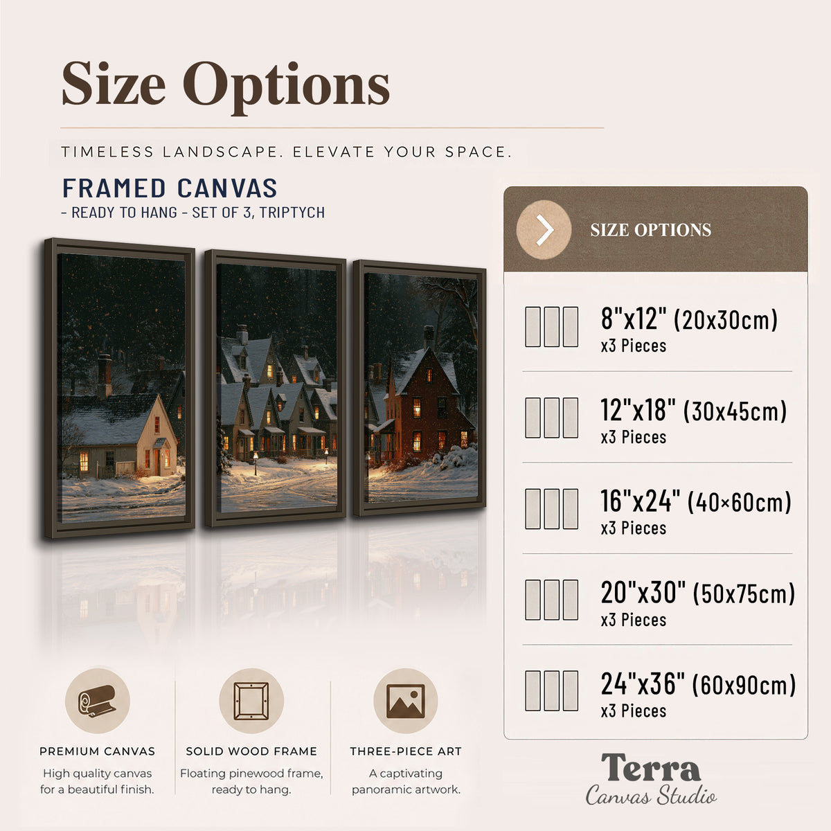 Snow-covered village cottages with glowing windows beneath a dark evergreen forest 3 piece framed canvas wall art available dimensions; triptych dimensions are per panel