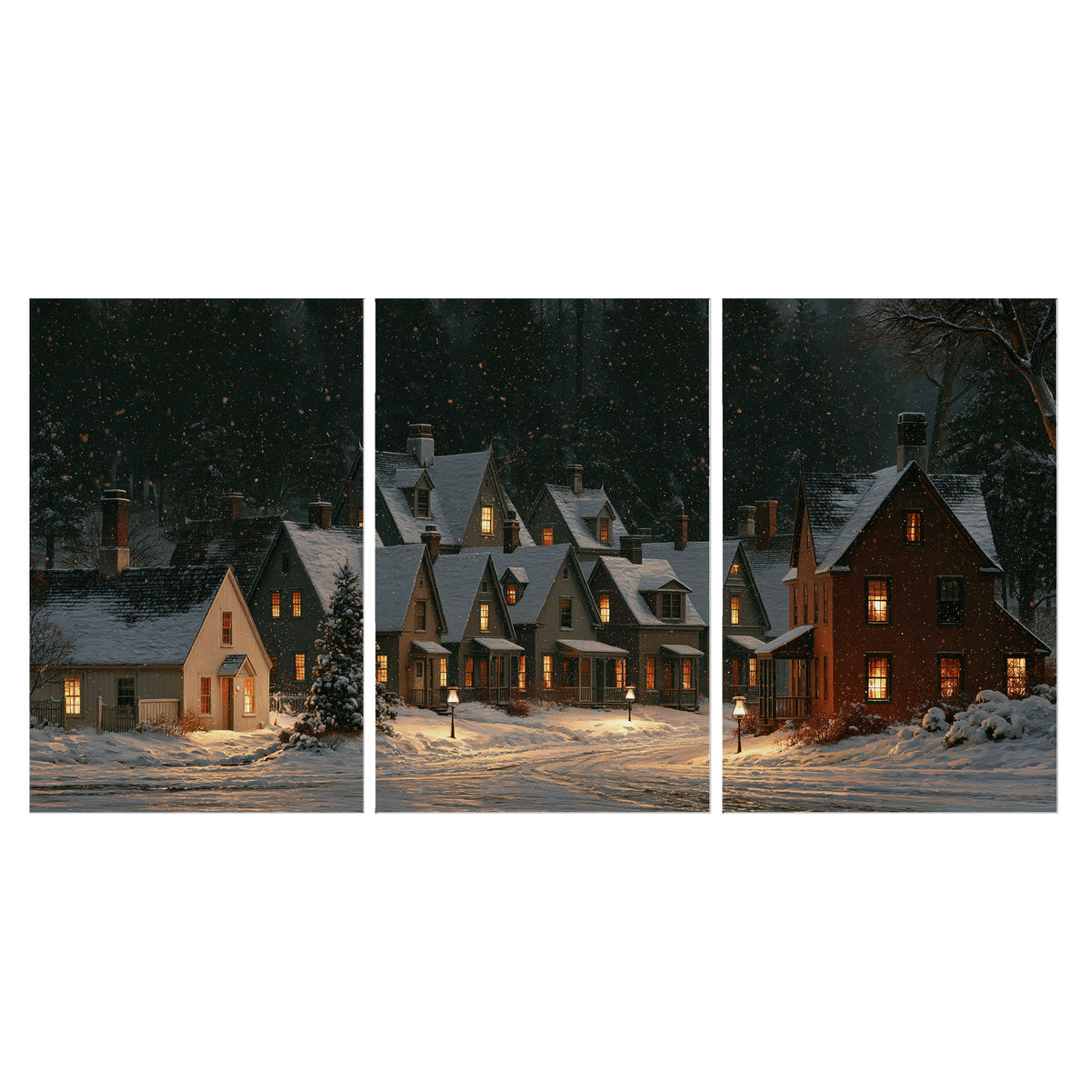 Snow-covered village cottages with glowing windows beneath a dark evergreen forest set of 3 poster prints viewed straight on