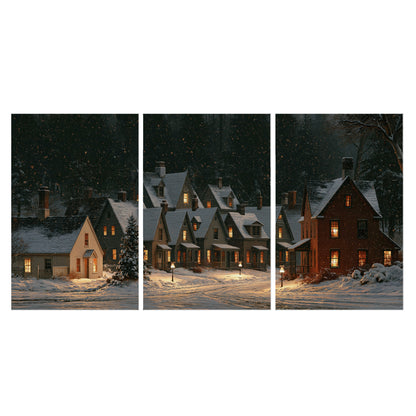 Snow-covered village cottages with glowing windows beneath a dark evergreen forest set of 3 poster prints viewed straight on