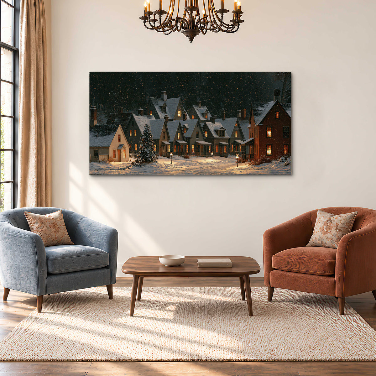 Snow-covered village cottages with glowing windows beneath a dark evergreen forest single canvas wall art styled in an interior