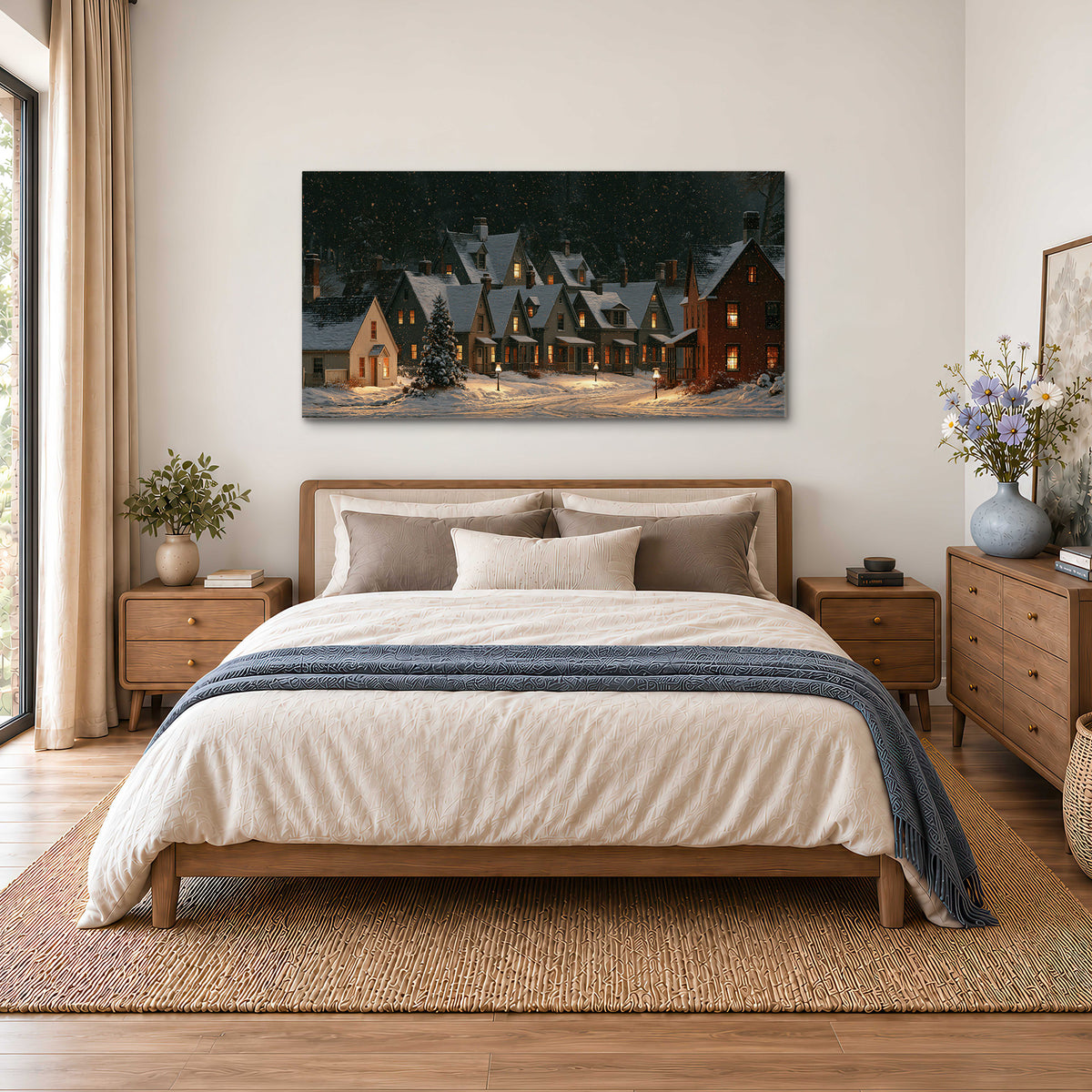 Snow-covered village cottages with glowing windows beneath a dark evergreen forest single canvas wall art styled in an interior