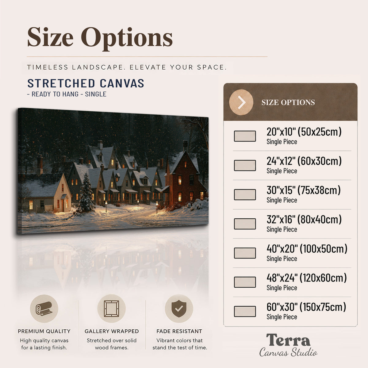 Snow-covered village cottages with glowing windows beneath a dark evergreen forest single canvas wall art available dimensions