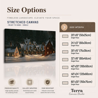 Snow-covered village cottages with glowing windows beneath a dark evergreen forest single canvas wall art available dimensions