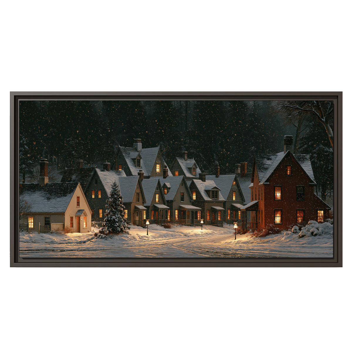 Snow-covered village cottages with glowing windows beneath a dark evergreen forest single framed canvas wall art viewed straight on