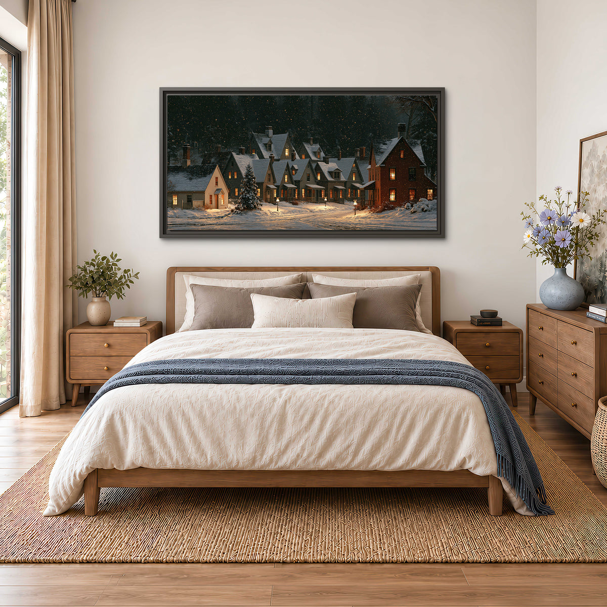 Snow-covered village cottages with glowing windows beneath a dark evergreen forest single framed canvas wall art styled in an interior