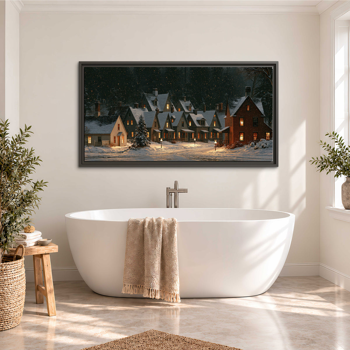 Snow-covered village cottages with glowing windows beneath a dark evergreen forest single framed canvas wall art styled in an interior