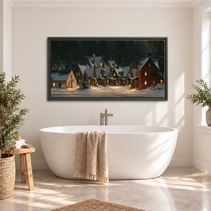Snow-covered village cottages with glowing windows beneath a dark evergreen forest single framed canvas wall art styled in an interior
