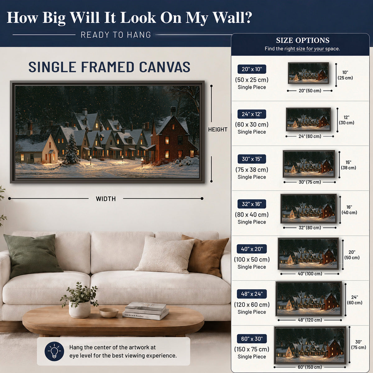 Snow-covered village cottages with glowing windows beneath a dark evergreen forest single framed canvas wall art size guide above a sofa; room view is illustrative
