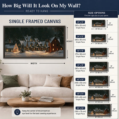 Snow-covered village cottages with glowing windows beneath a dark evergreen forest single framed canvas wall art size guide above a sofa; room view is illustrative
