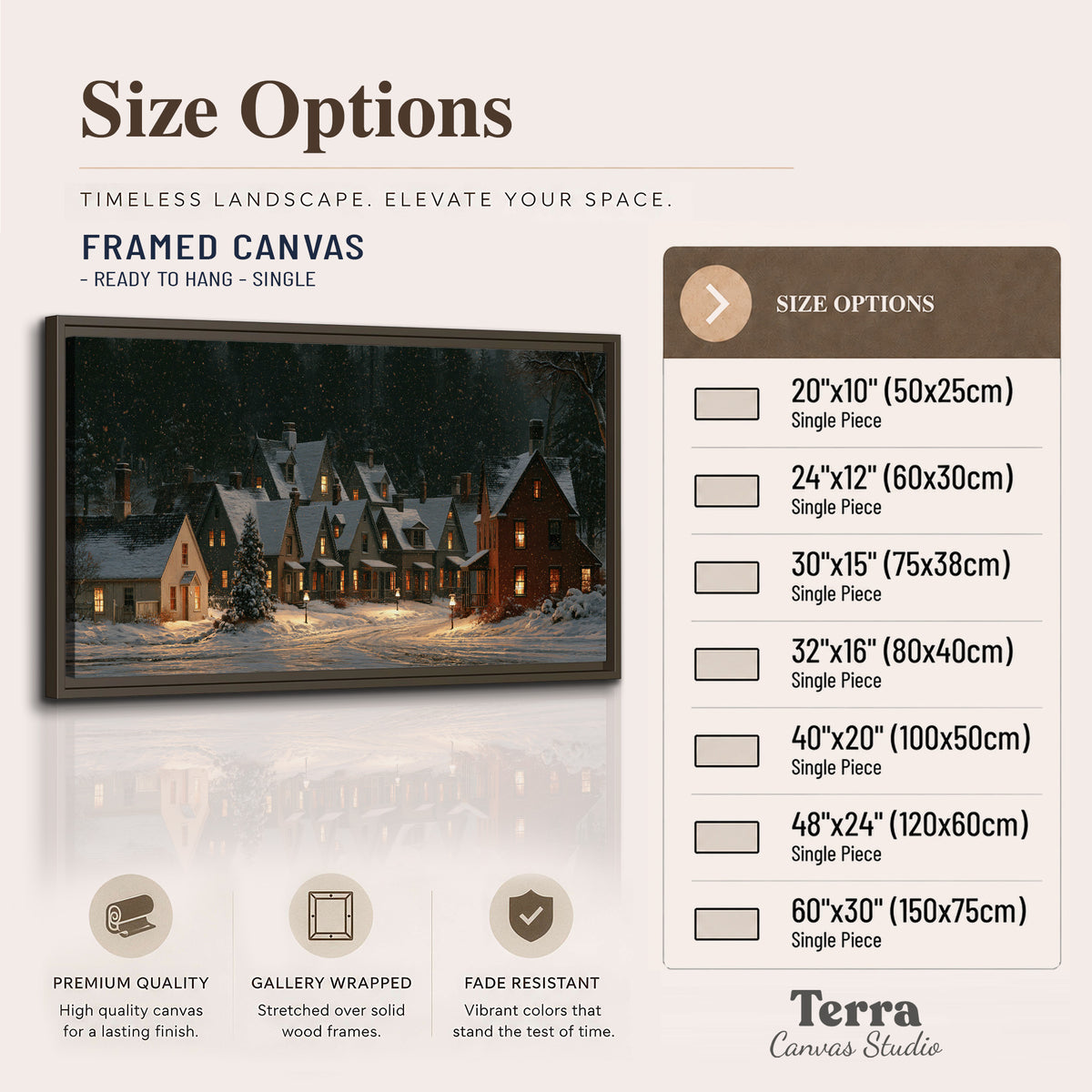 Snow-covered village cottages with glowing windows beneath a dark evergreen forest single framed canvas wall art available dimensions