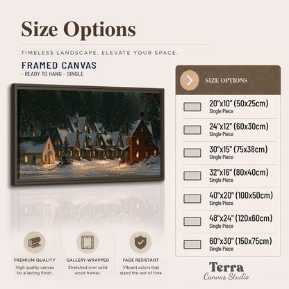 Snow-covered village cottages with glowing windows beneath a dark evergreen forest single framed canvas wall art available dimensions