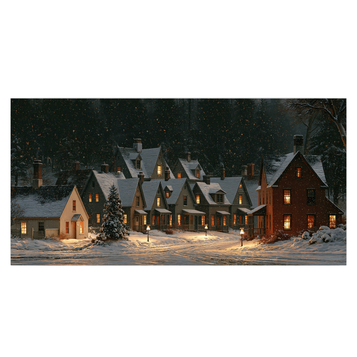 Snow-covered village cottages with glowing windows beneath a dark evergreen forest single poster print viewed straight on