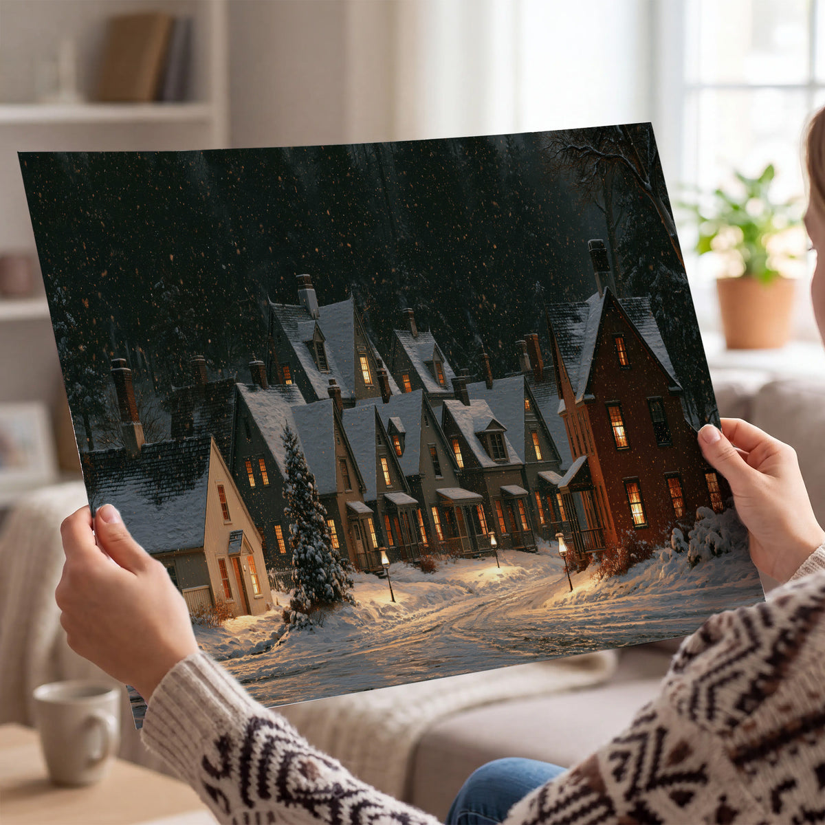 Snow-covered village cottages with glowing windows beneath a dark evergreen forest single poster print held in hands