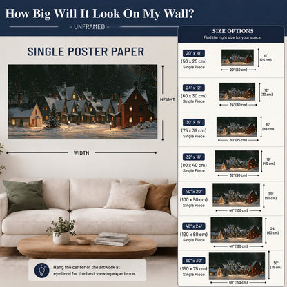 Snow-covered village cottages with glowing windows beneath a dark evergreen forest single poster print size guide above a sofa; room view is illustrative