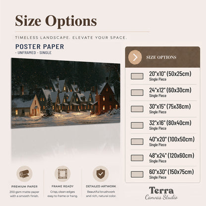 Snow-covered village cottages with glowing windows beneath a dark evergreen forest single poster print available dimensions