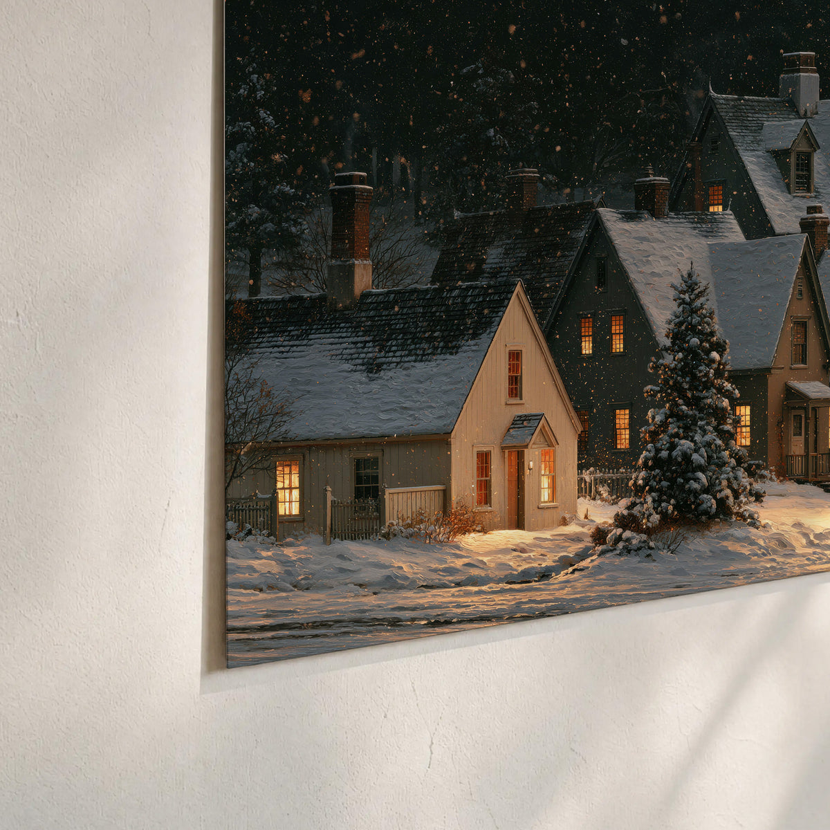 Snow-covered village cottages with glowing windows beneath a dark evergreen forest set of 3 poster prints material and edge close up
