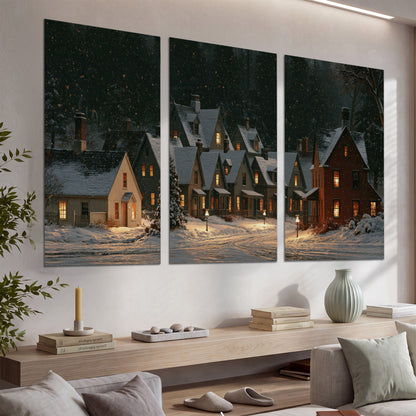 Snow-covered village cottages with glowing windows beneath a dark evergreen forest set of 3 poster prints displayed in a console