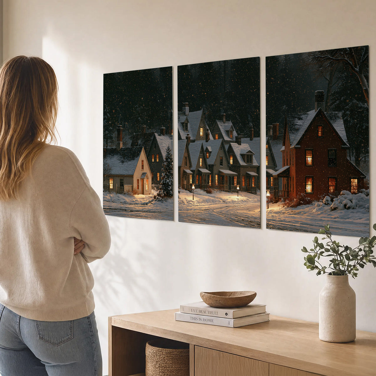 Snow-covered village cottages with glowing windows beneath a dark evergreen forest set of 3 poster prints three panel arrangement on a wall