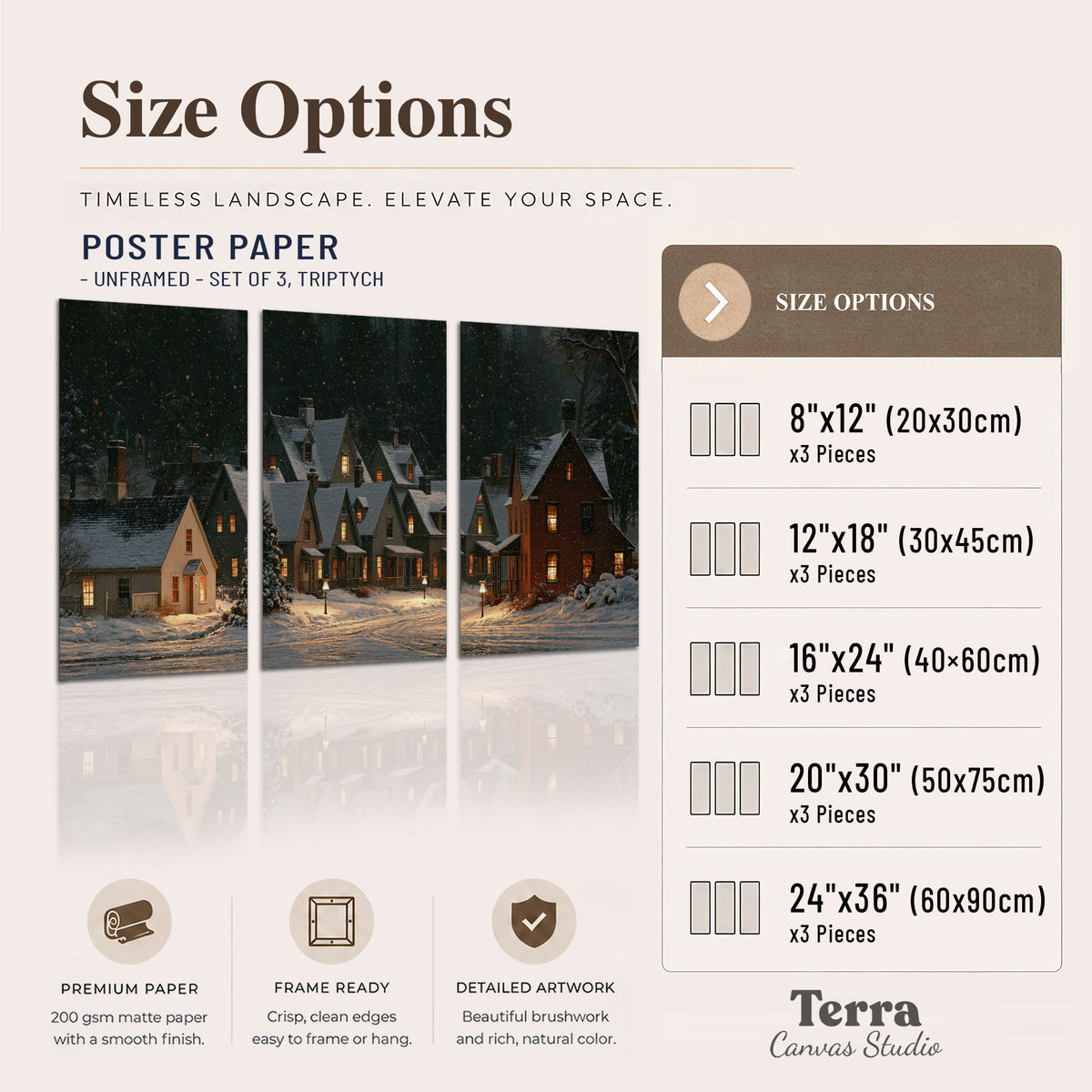 Snow-covered village cottages with glowing windows beneath a dark evergreen forest set of 3 poster prints available dimensions; triptych dimensions are per panel