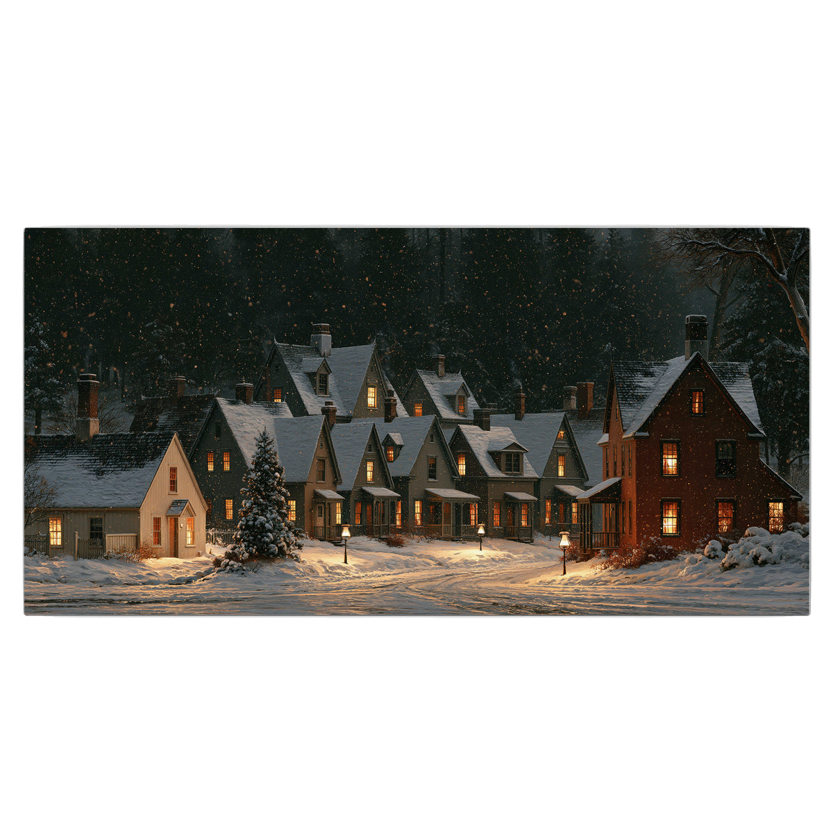 Snow-covered village cottages with glowing windows beneath a dark evergreen forest single canvas wall art viewed straight on
