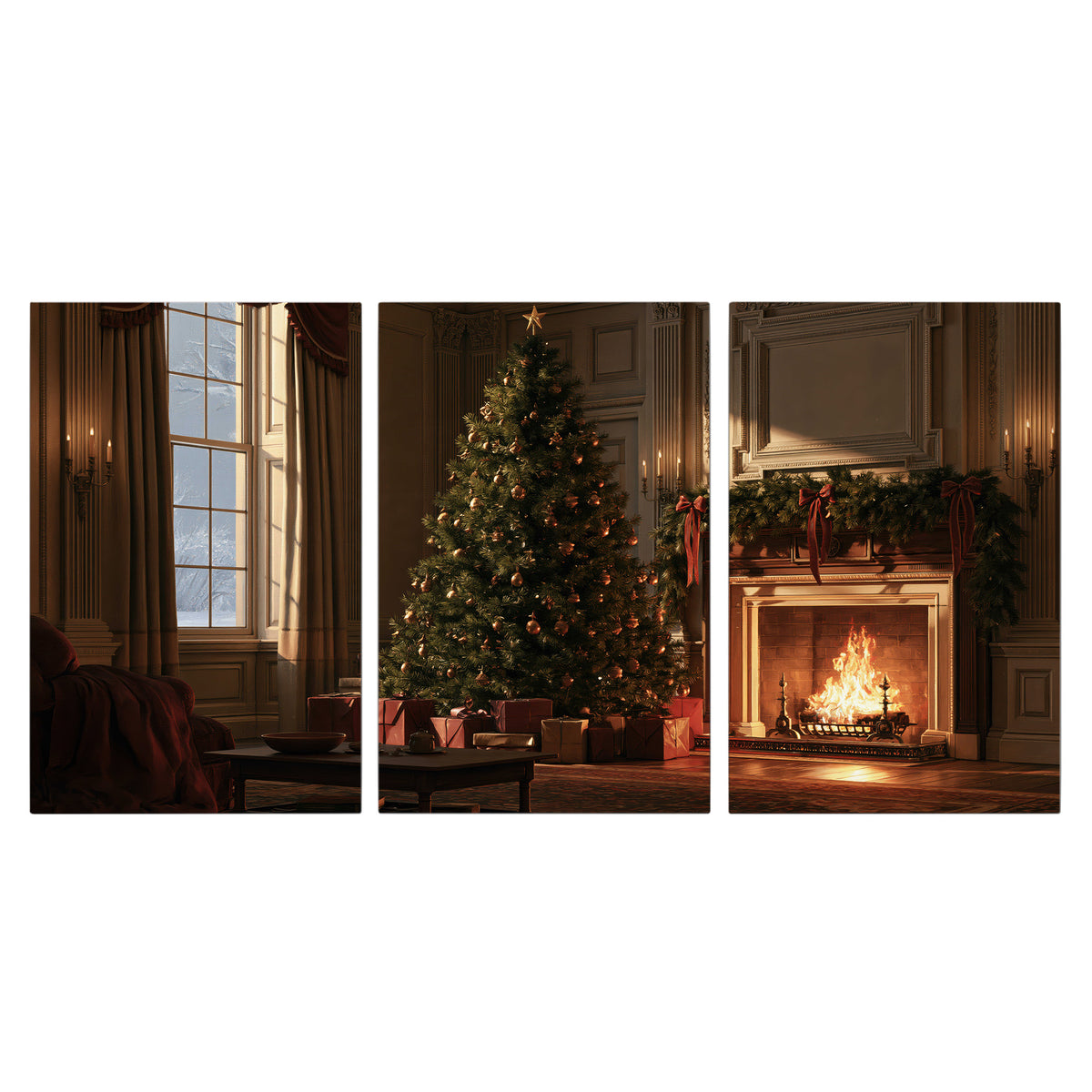 A decorated Christmas tree and wrapped presents beside a glowing fireplace in a cozy wood-paneled room 3 piece canvas wall art viewed straight on
