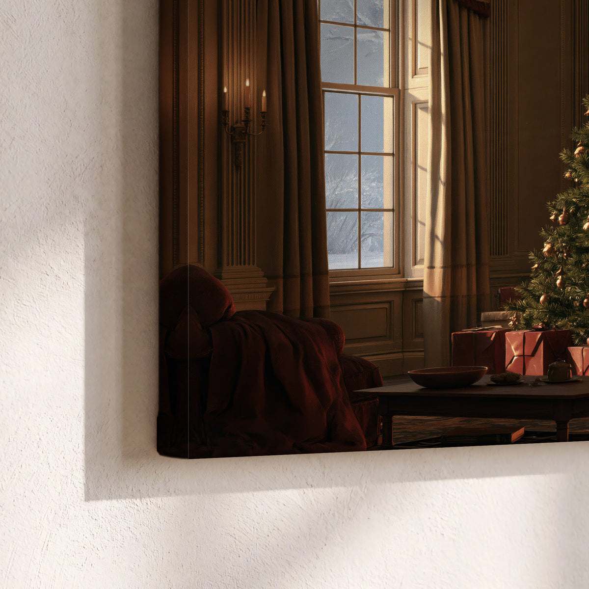 A decorated Christmas tree and wrapped presents beside a glowing fireplace in a cozy wood-paneled room 3 piece canvas wall art material and edge close up