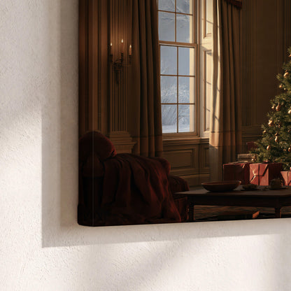 A decorated Christmas tree and wrapped presents beside a glowing fireplace in a cozy wood-paneled room 3 piece canvas wall art material and edge close up