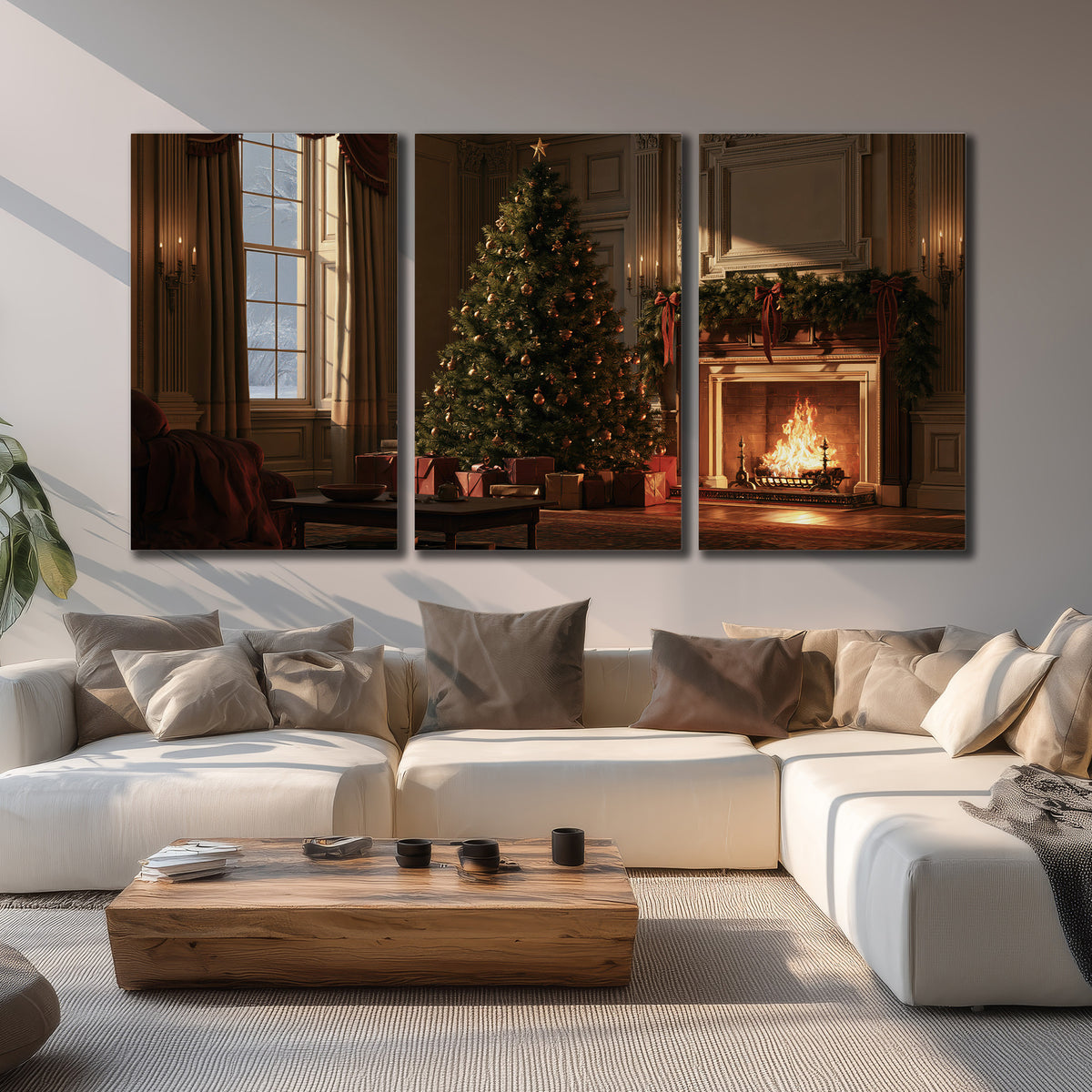 A decorated Christmas tree and wrapped presents beside a glowing fireplace in a cozy wood-paneled room 3 piece canvas wall art displayed in a living room