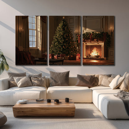 A decorated Christmas tree and wrapped presents beside a glowing fireplace in a cozy wood-paneled room 3 piece canvas wall art displayed in a living room