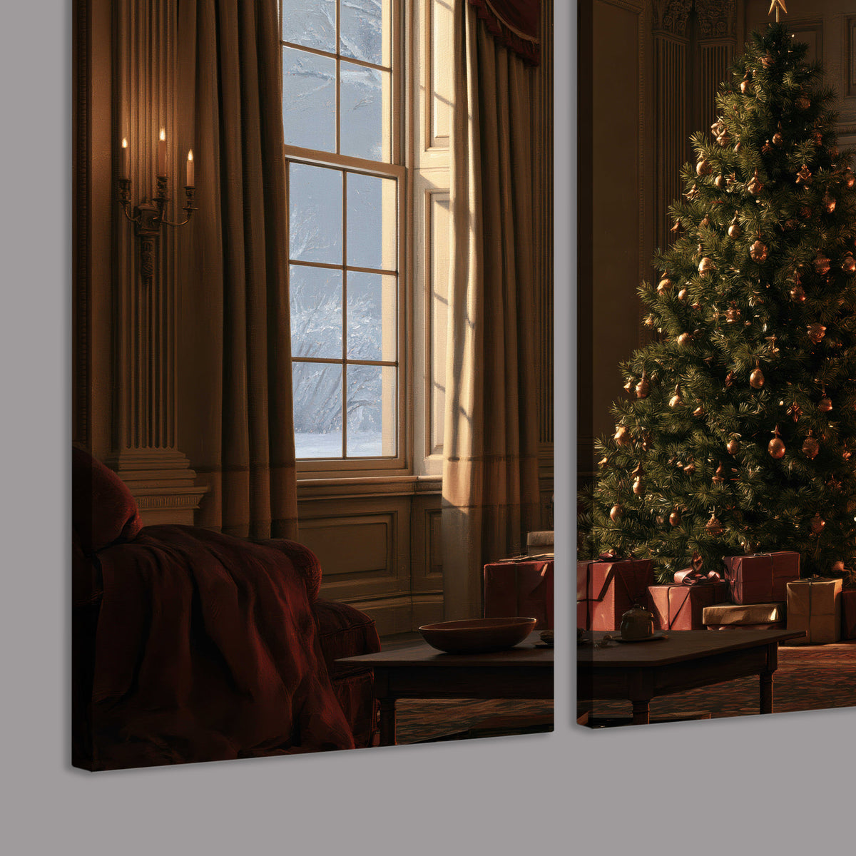 A decorated Christmas tree and wrapped presents beside a glowing fireplace in a cozy wood-paneled room 3 piece canvas wall art room and product view