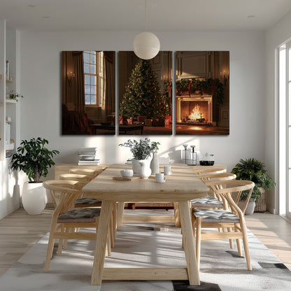 A decorated Christmas tree and wrapped presents beside a glowing fireplace in a cozy wood-paneled room 3 piece canvas wall art room and product view