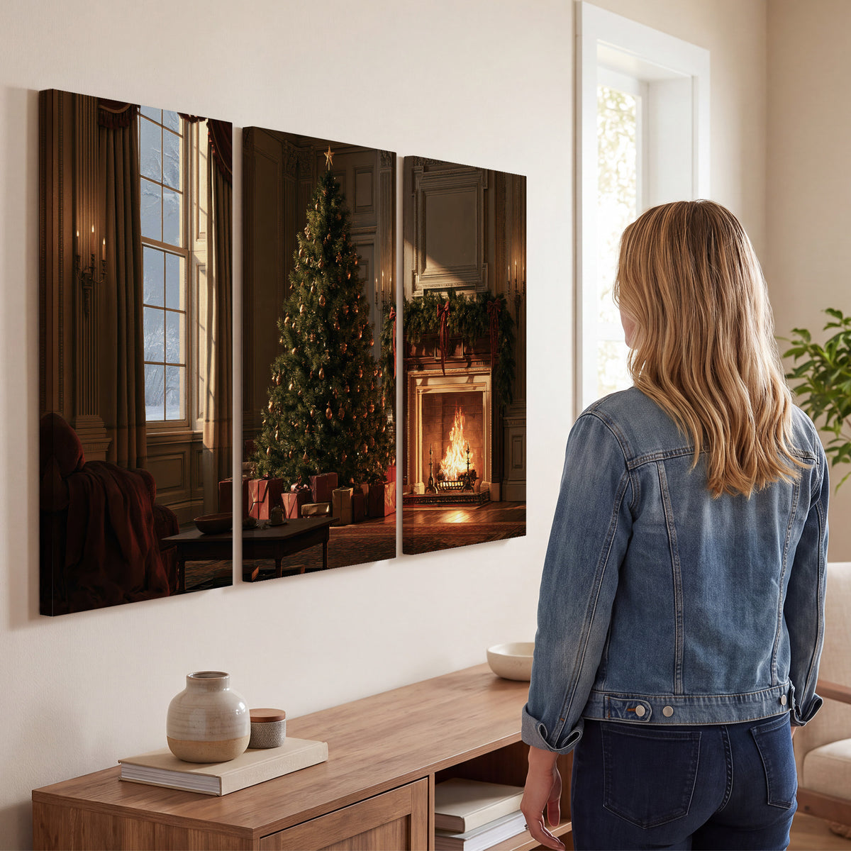 A decorated Christmas tree and wrapped presents beside a glowing fireplace in a cozy wood-paneled room 3 piece canvas wall art three panel arrangement on a wall