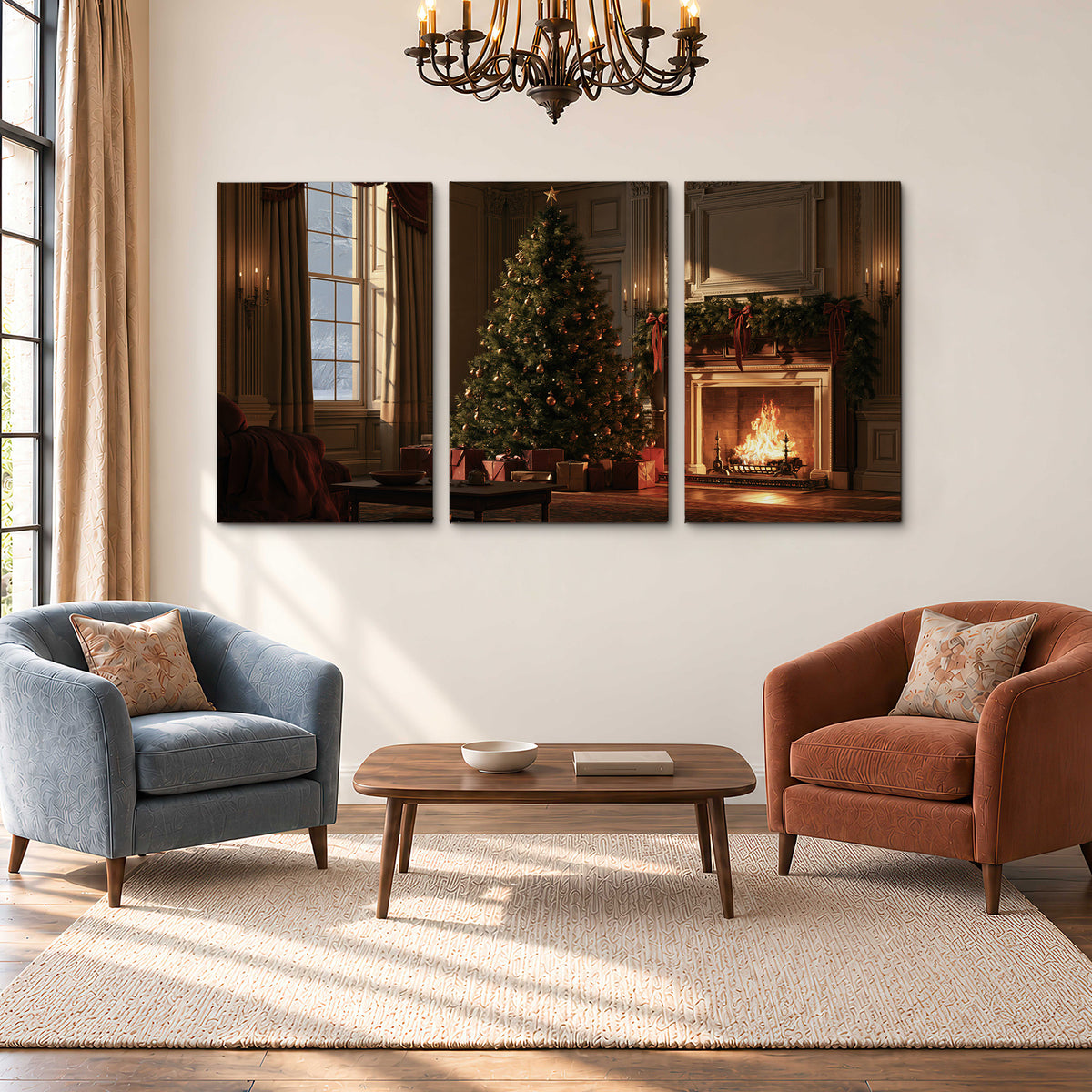 A decorated Christmas tree and wrapped presents beside a glowing fireplace in a cozy wood-paneled room 3 piece canvas wall art styled in an interior