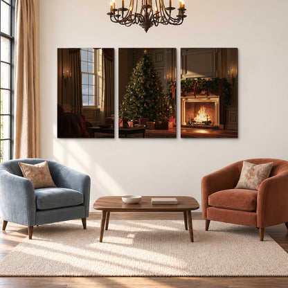 A decorated Christmas tree and wrapped presents beside a glowing fireplace in a cozy wood-paneled room 3 piece canvas wall art styled in an interior