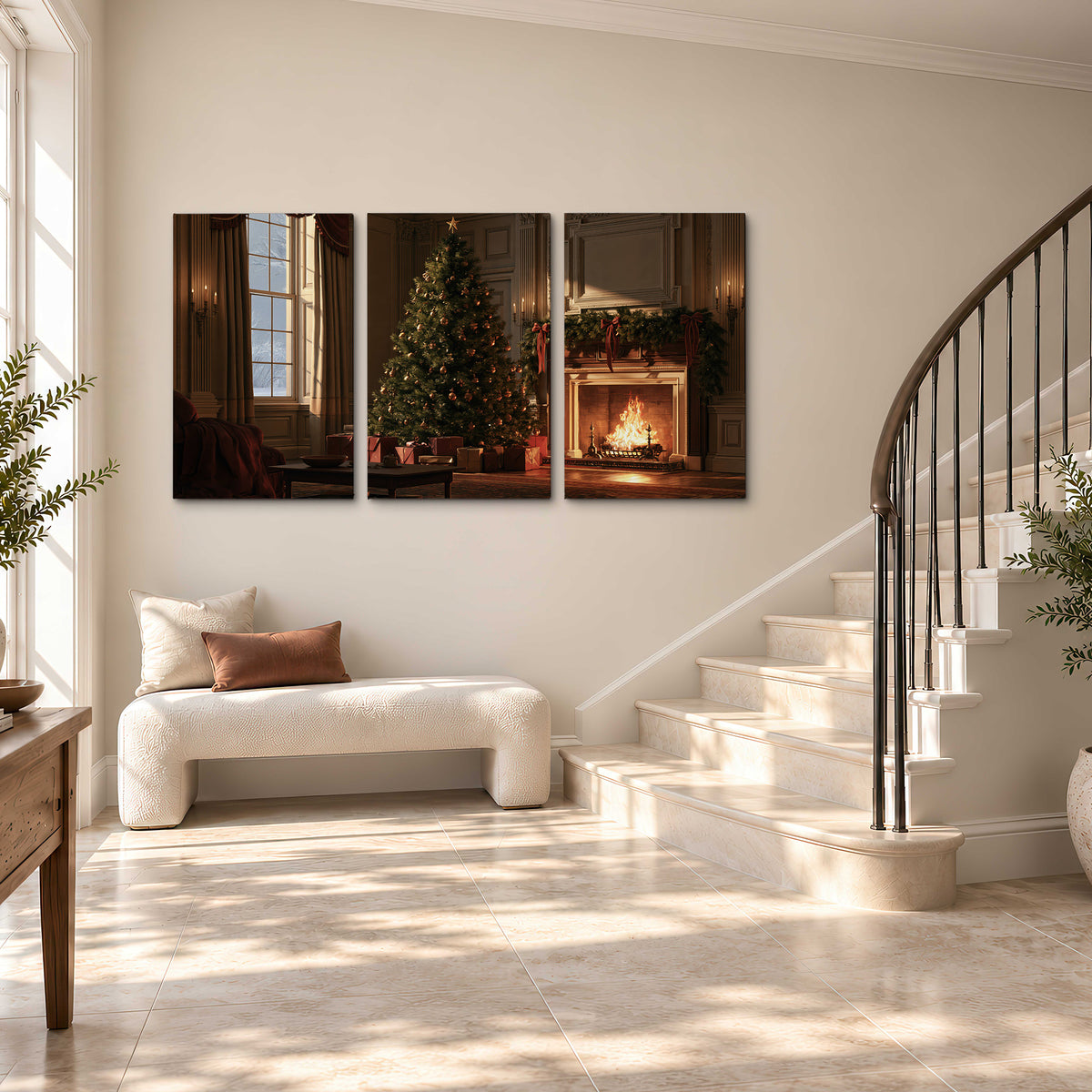 A decorated Christmas tree and wrapped presents beside a glowing fireplace in a cozy wood-paneled room 3 piece canvas wall art styled in an interior