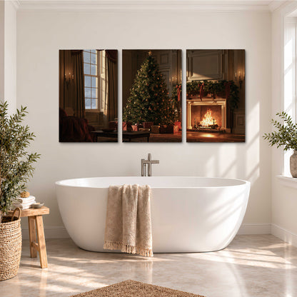A decorated Christmas tree and wrapped presents beside a glowing fireplace in a cozy wood-paneled room 3 piece canvas wall art styled in an interior