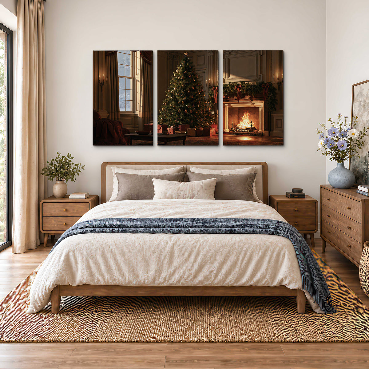 A decorated Christmas tree and wrapped presents beside a glowing fireplace in a cozy wood-paneled room 3 piece canvas wall art styled in an interior
