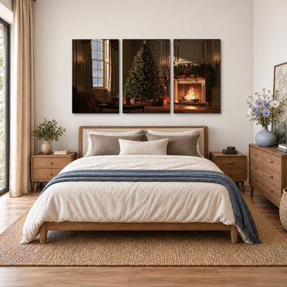 A decorated Christmas tree and wrapped presents beside a glowing fireplace in a cozy wood-paneled room 3 piece canvas wall art styled in an interior